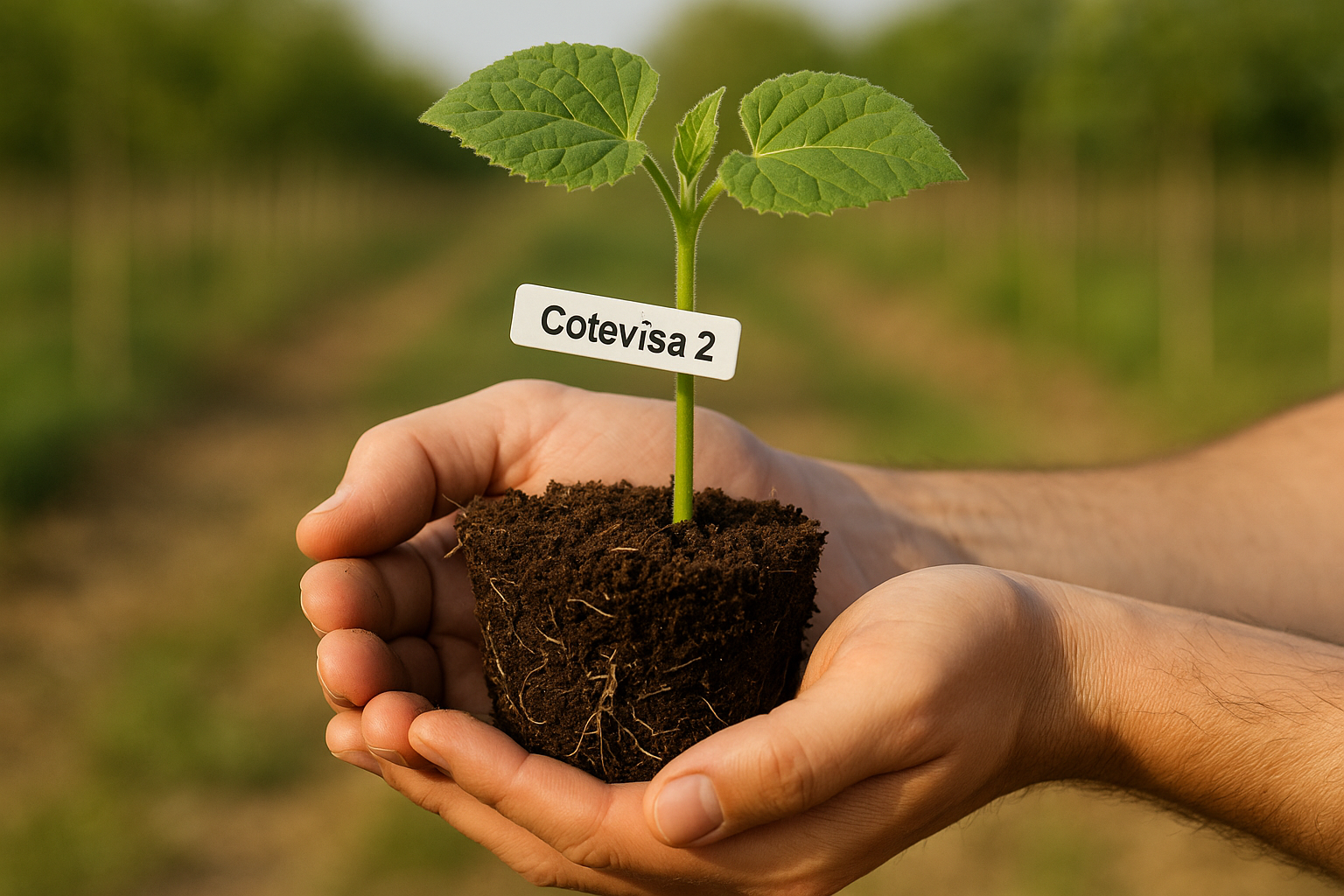 Két kézben tartott Cotevisa 2 császárfa csemete, földlabdával